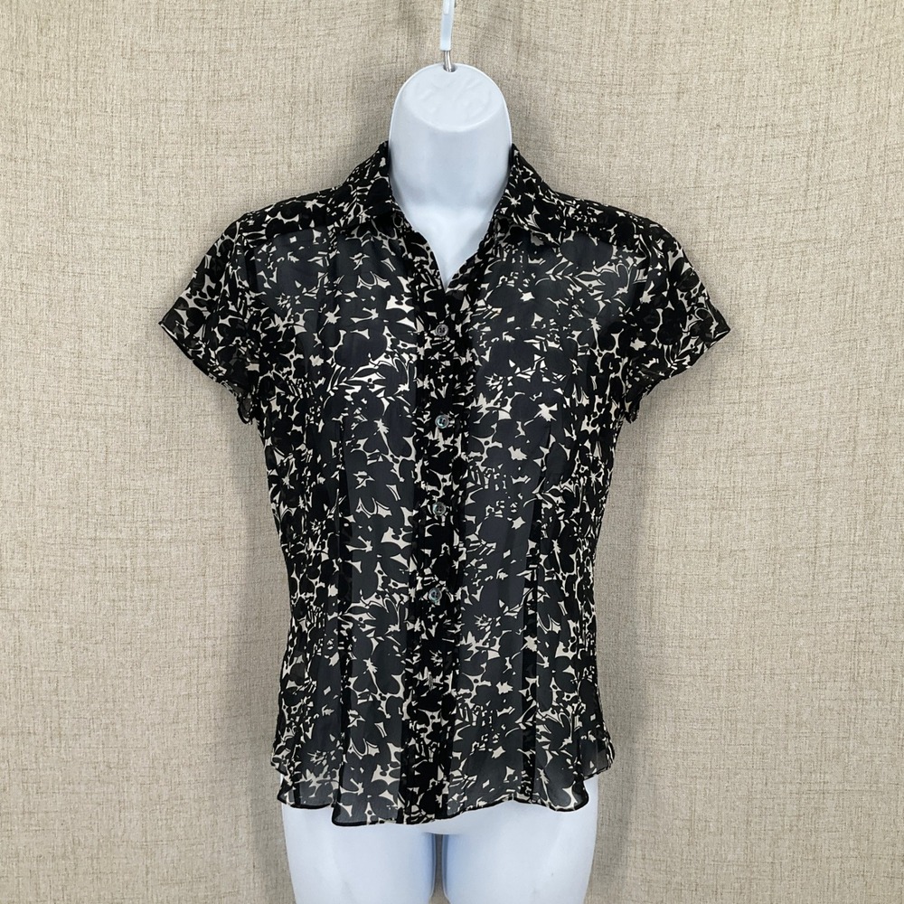 Ann Taylor Blouse Womens XS Black 100% Silk Floral Short Sleeve Button Down Top